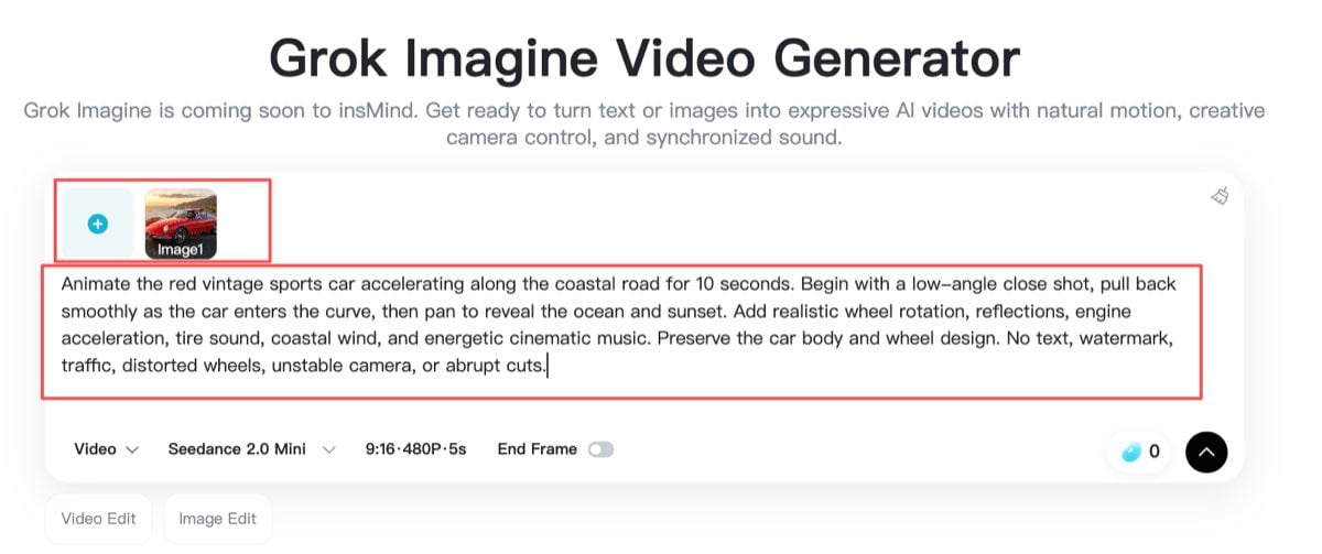 insMind workspace showing an uploaded car image and detailed motion prompt.