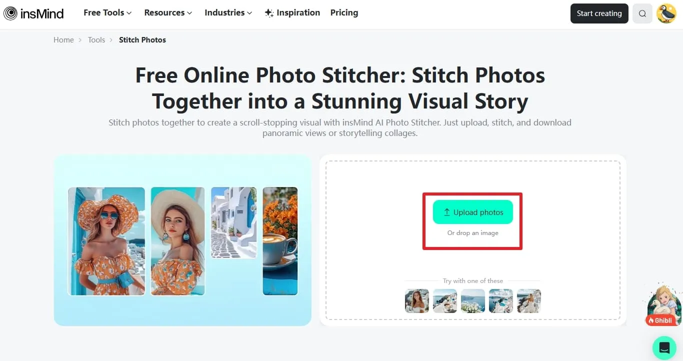 upload photos in insMind to stitch photo