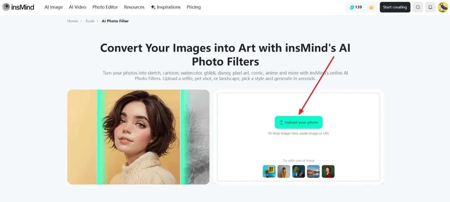 The interface for uploading an image on insMind 