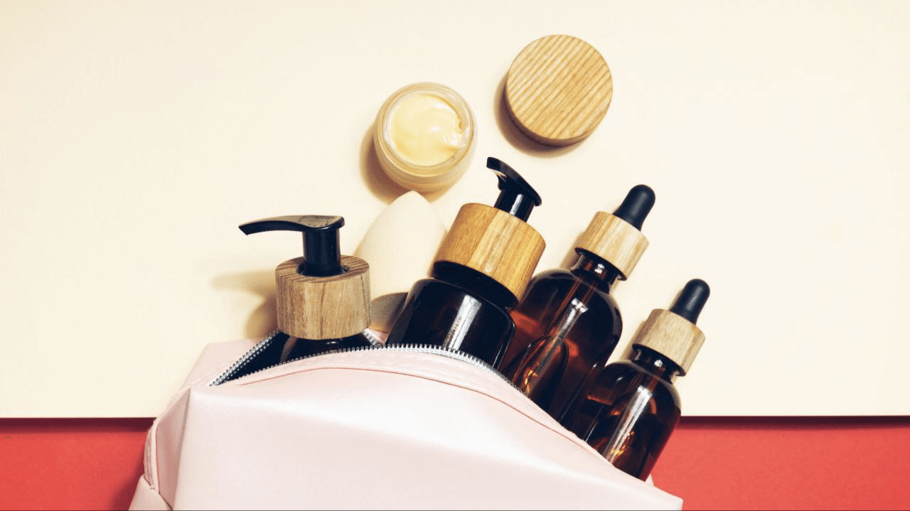A group shot of skincare products set in a vanity pack. 