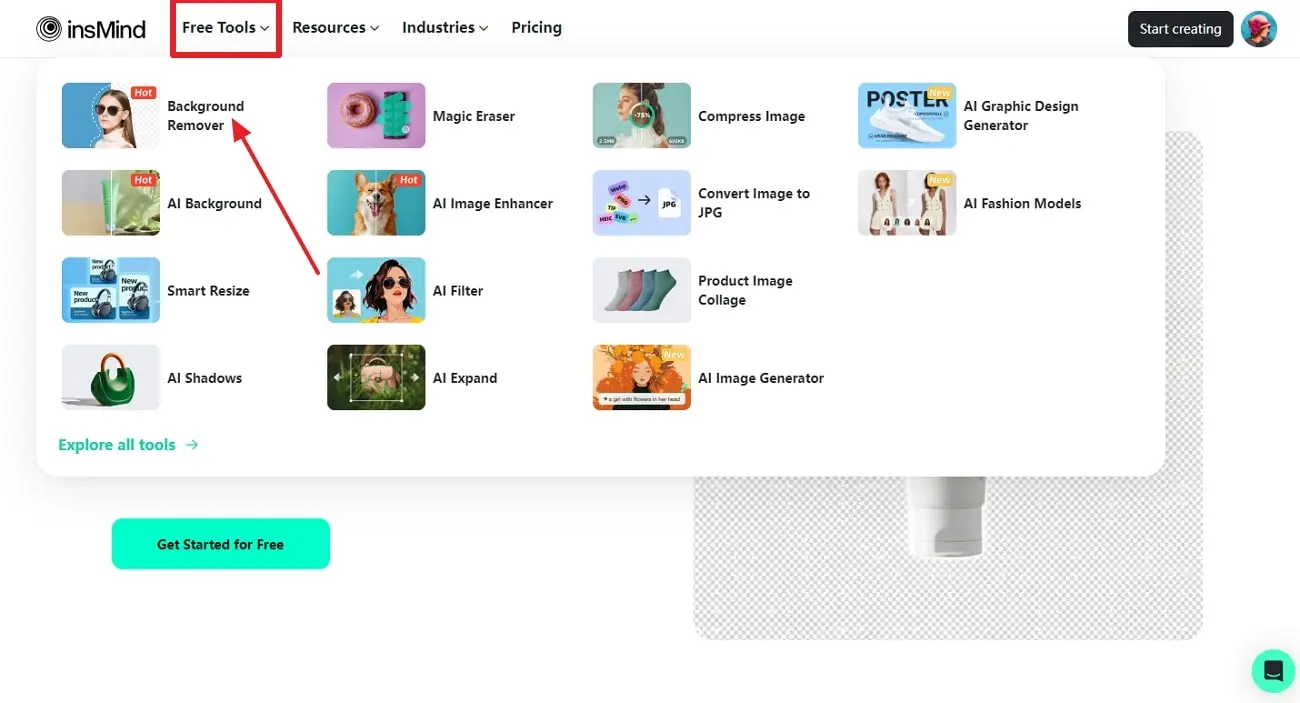 Screenshot that shows how to access background remover on insMind to make icon transparent