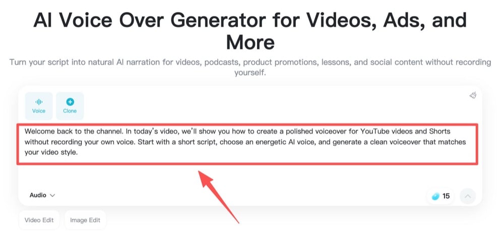 YouTube voiceover script input area