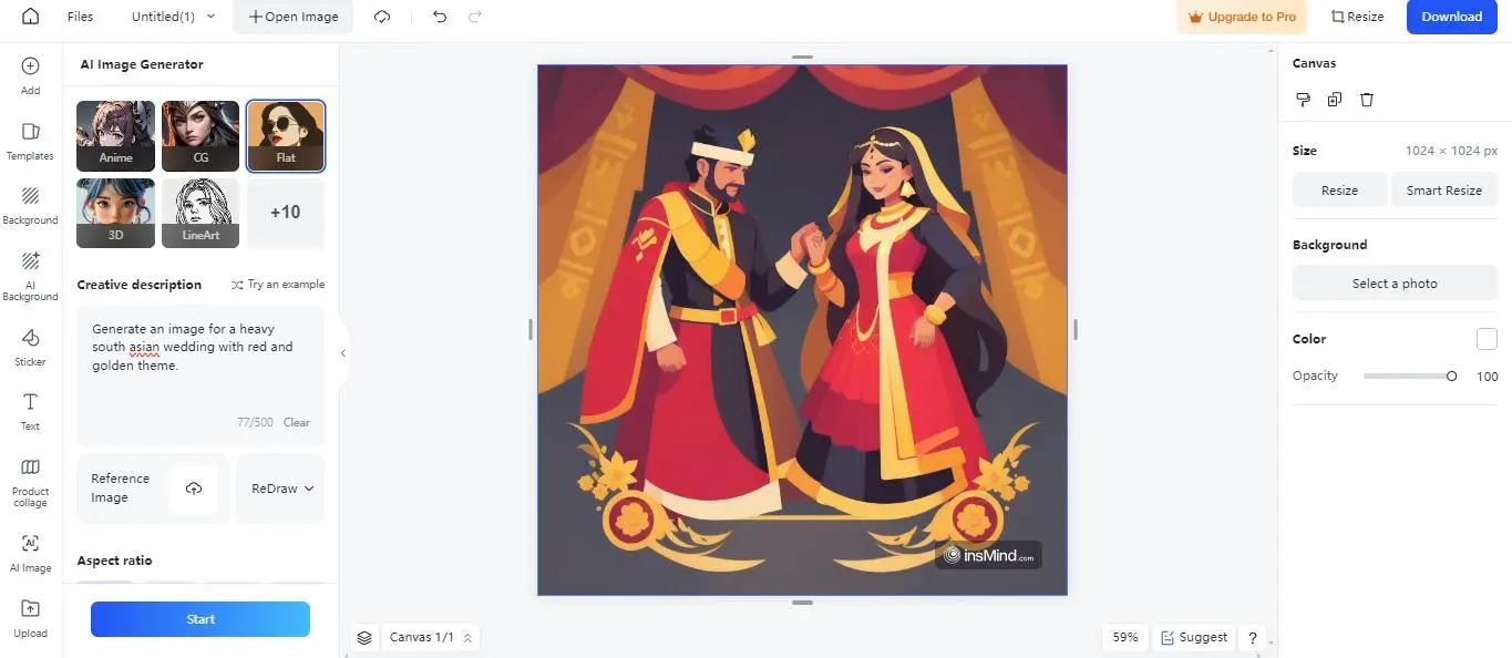 Screenshot of the process of creating a south wedding image with insMind's AI Image Generator