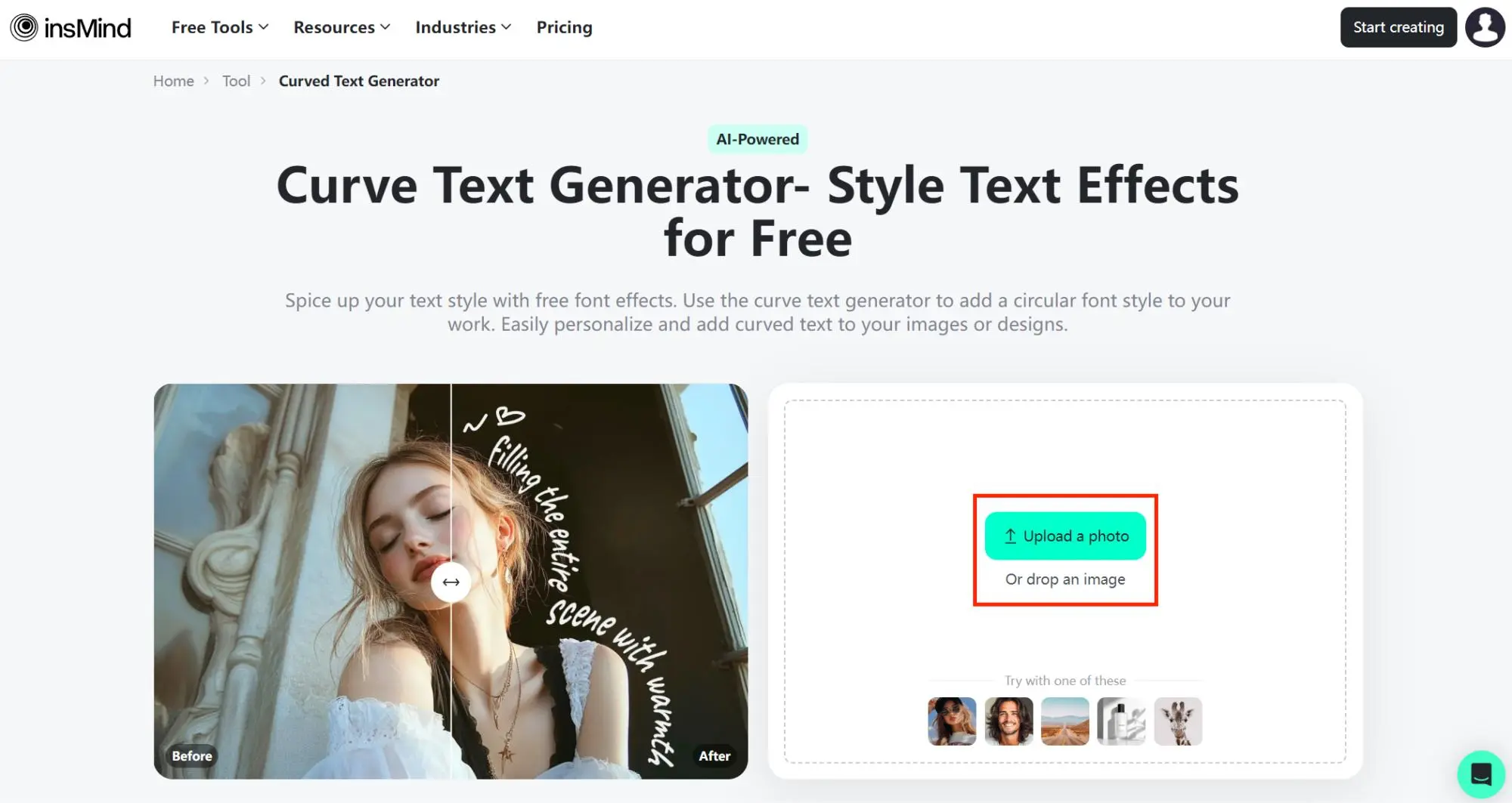 Step 1 of how to curve text - upload photo across insMind