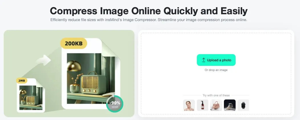 Screenshot showing how to access the Image Compressor Tool in the insMind interface