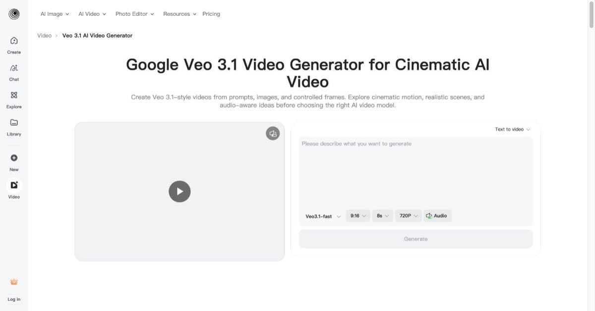 insMind Google Veo 3.1 generator with video settings.