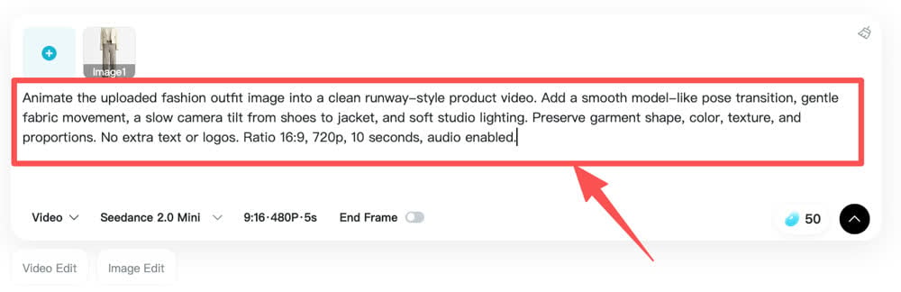 Prompt box for TikTok image to video generation