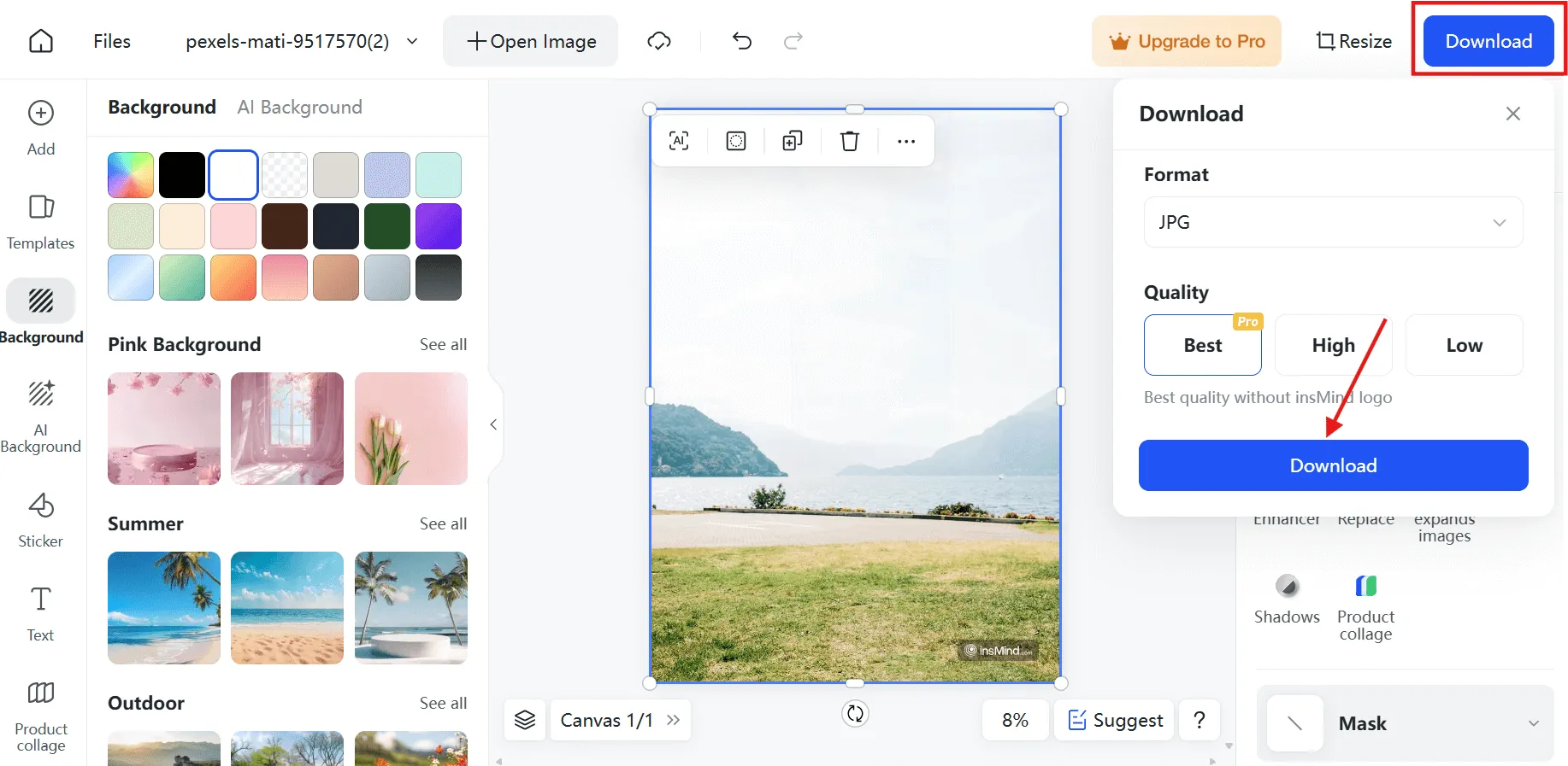 screenshot demonstrates how to download the edited image using insMind