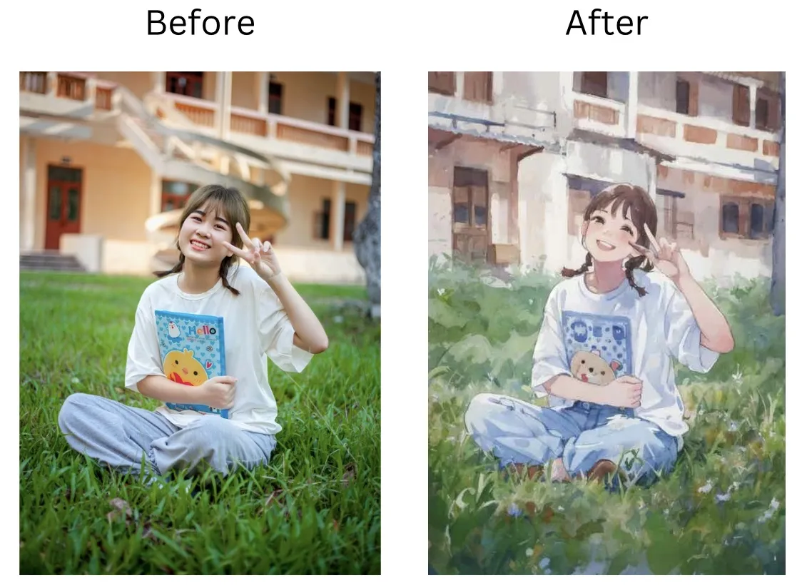 Demonstration image showing a photo before and after using the insMind Photo to Watercolor tool