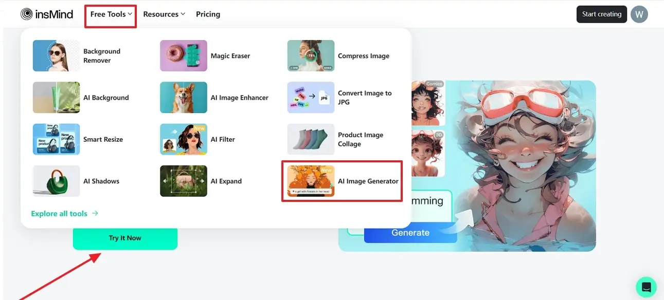 Screenshot of how to access the AI Image Generator in insMind's homepage