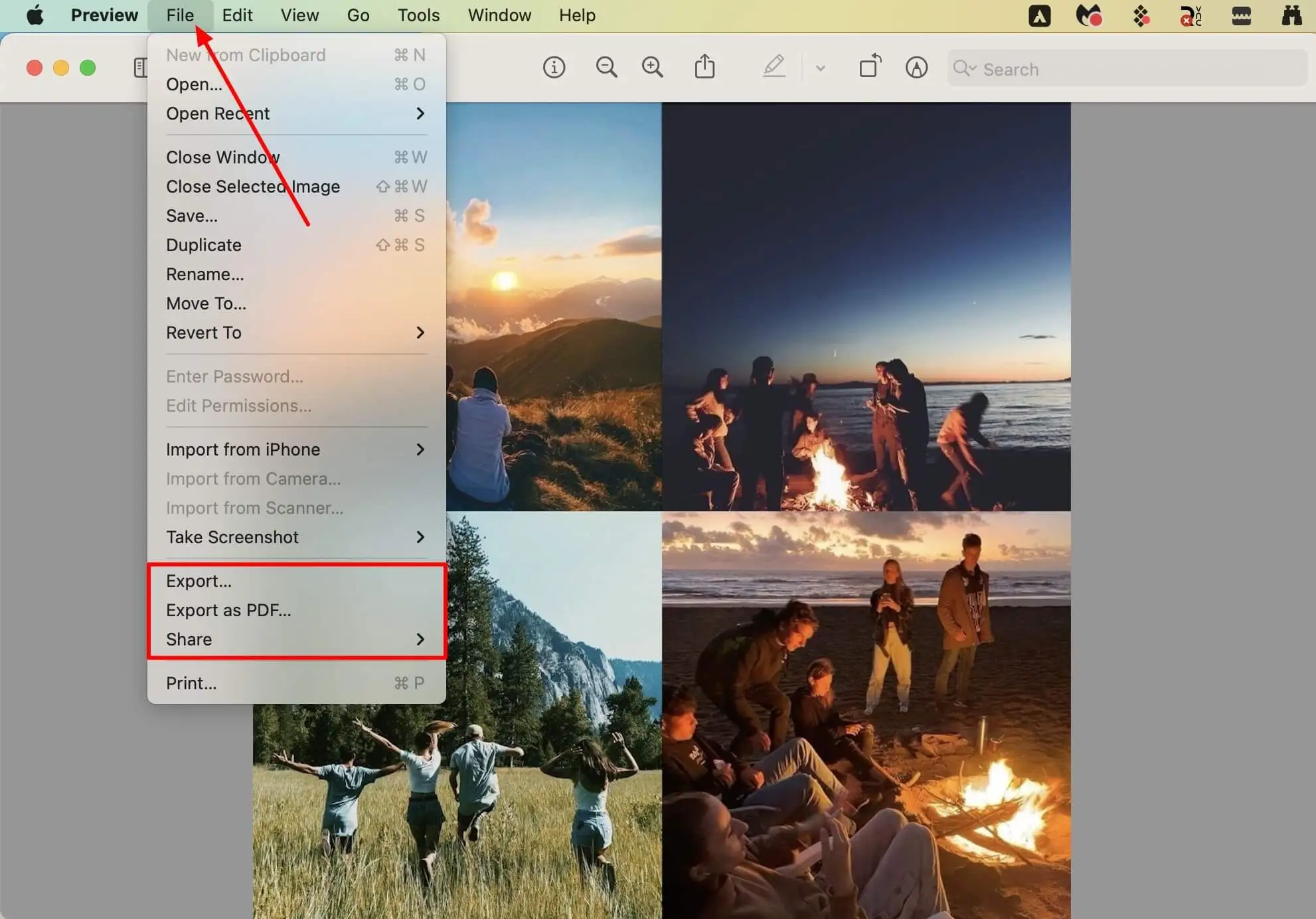 export or share your photo collage using file menu 