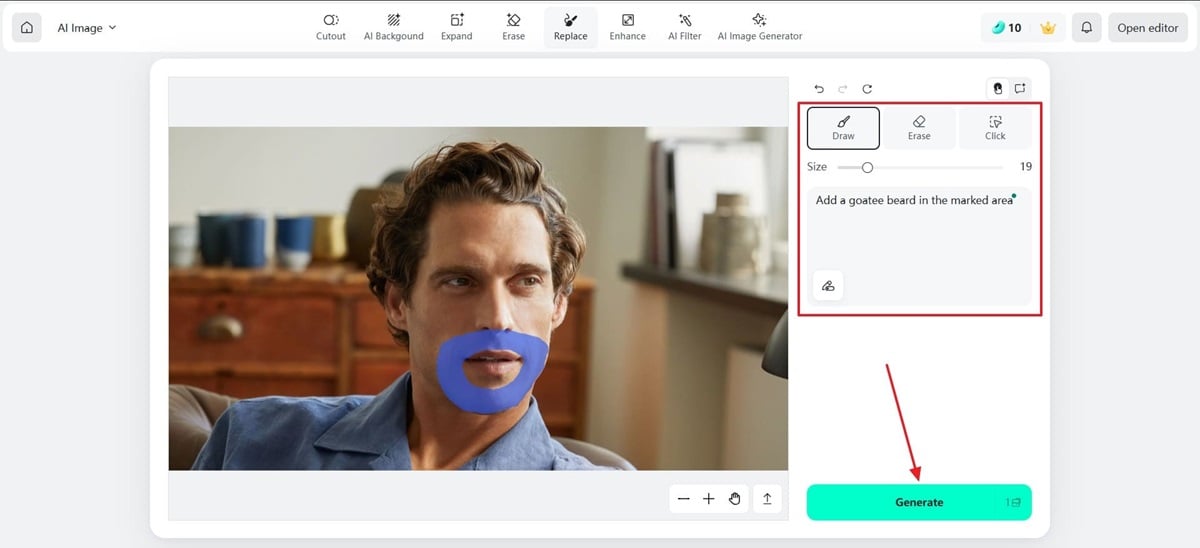Draw with brush to generate goatee beard filter Use the brush tool to guide AI and create a realistic goatee filter on your face.
