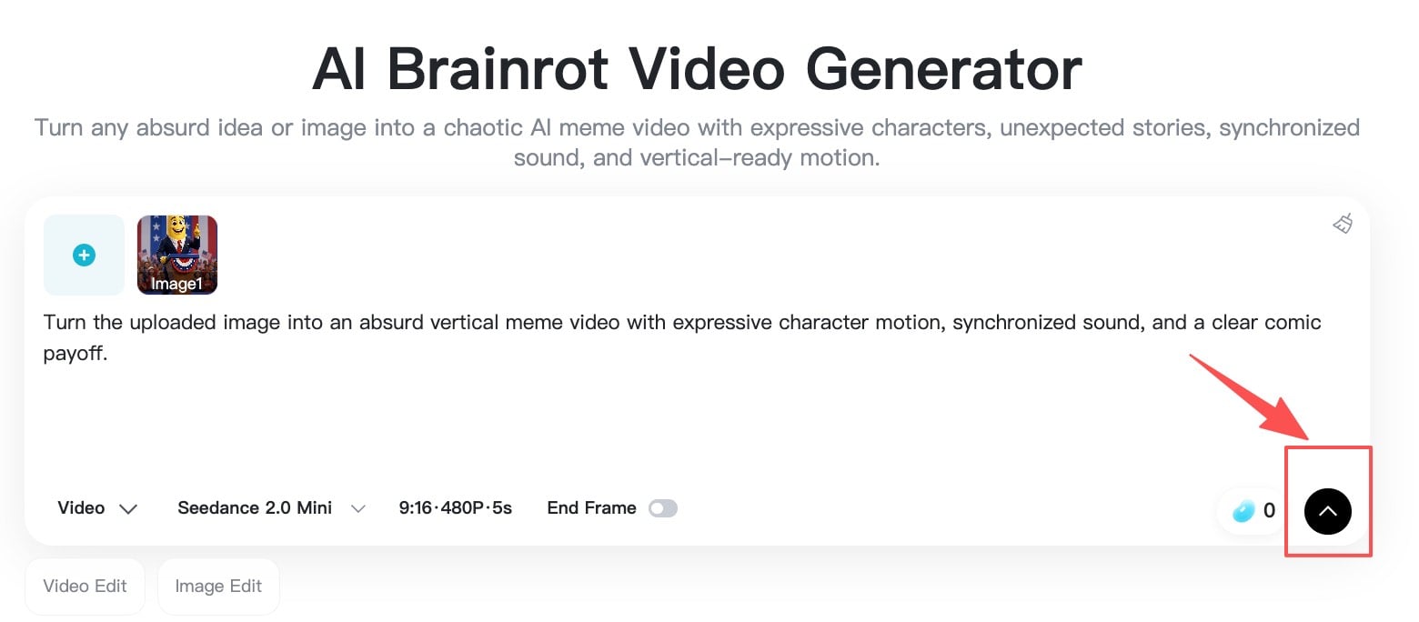 Generate Meme Video Generate button starts the brainrot meme video process.