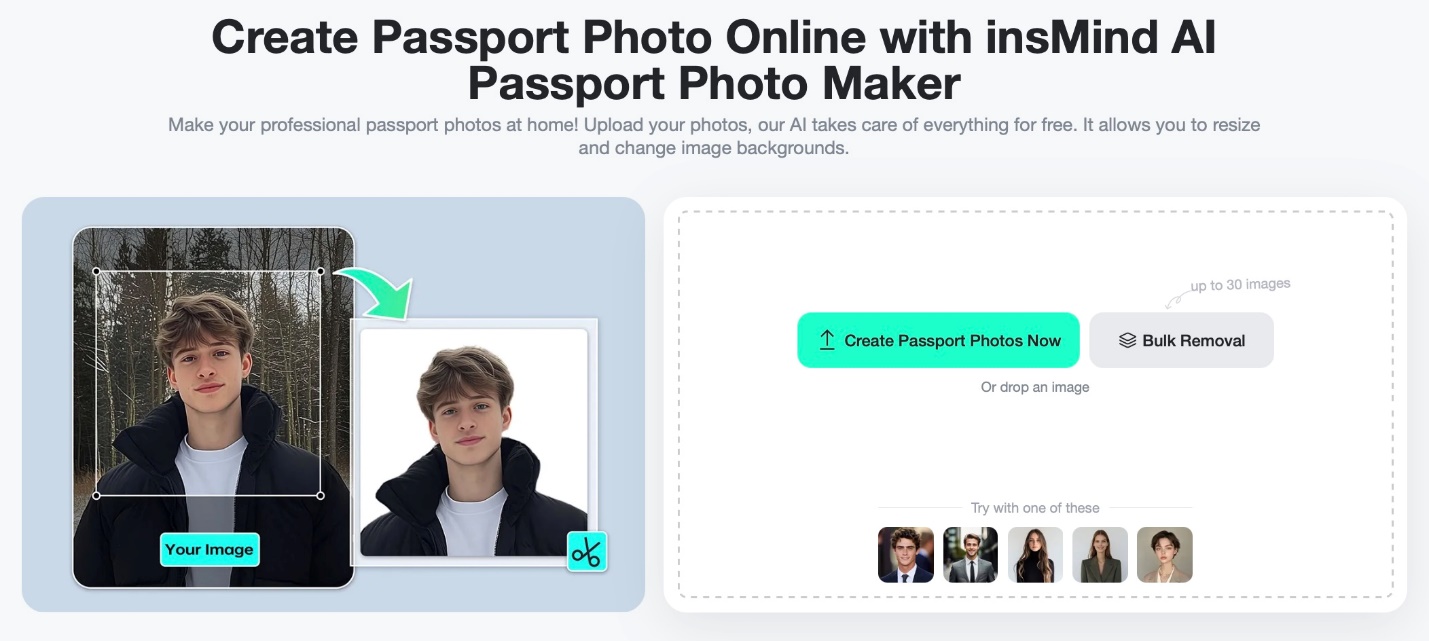 Screenshot showing how to access the Passport Photo Maker Tool in the insMind interface