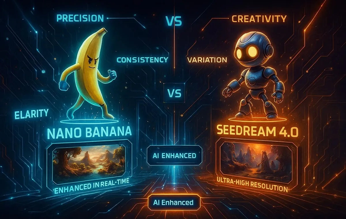 A decision-aid visual showing how to select between Nano Banana and Seedream 4.0 for different creative needs.