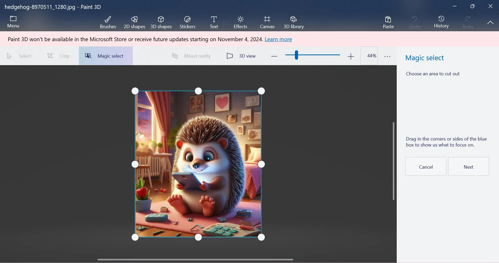 Screenshot that shows the creating space of Paint 3D