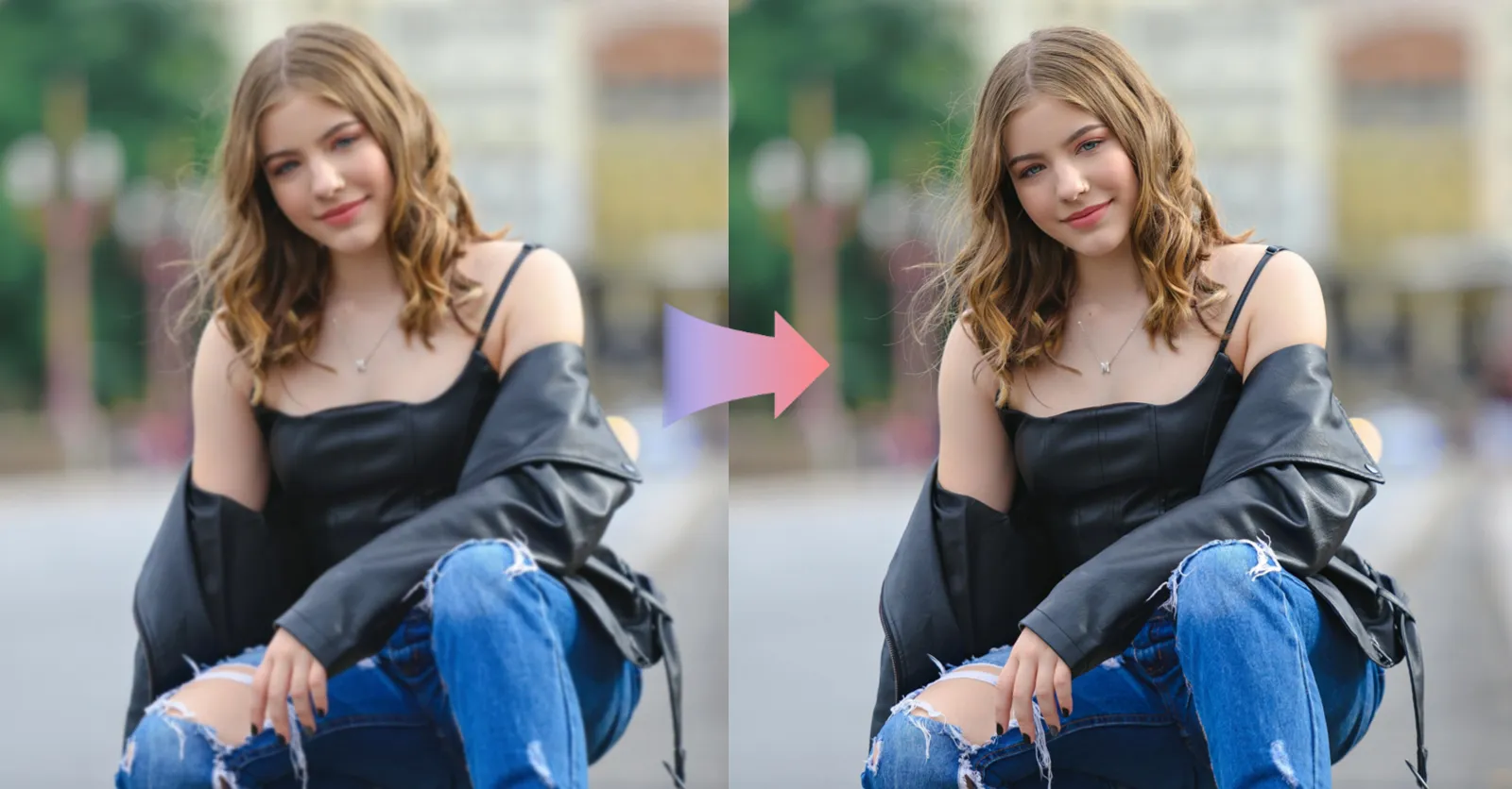 Demonstration image showing a photo before and after enhancing using the insMind tool