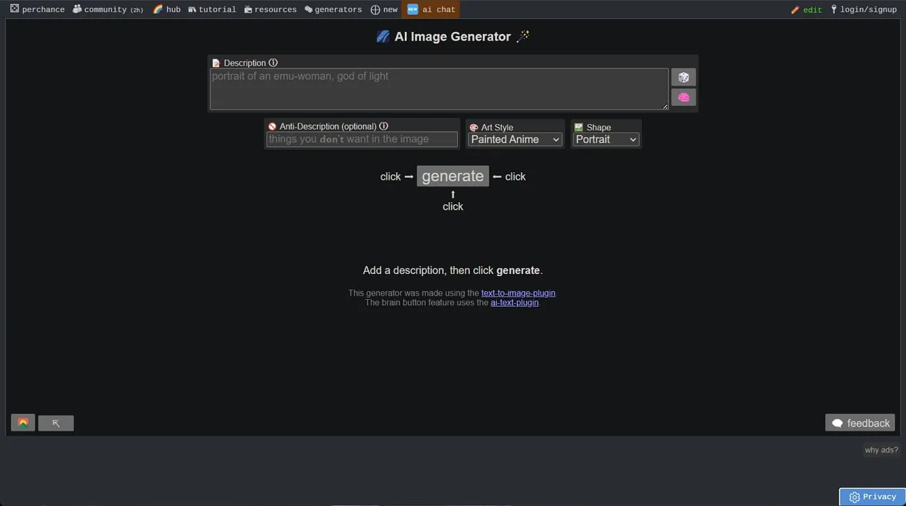 Screenshot of perchance.org ai image generator use page