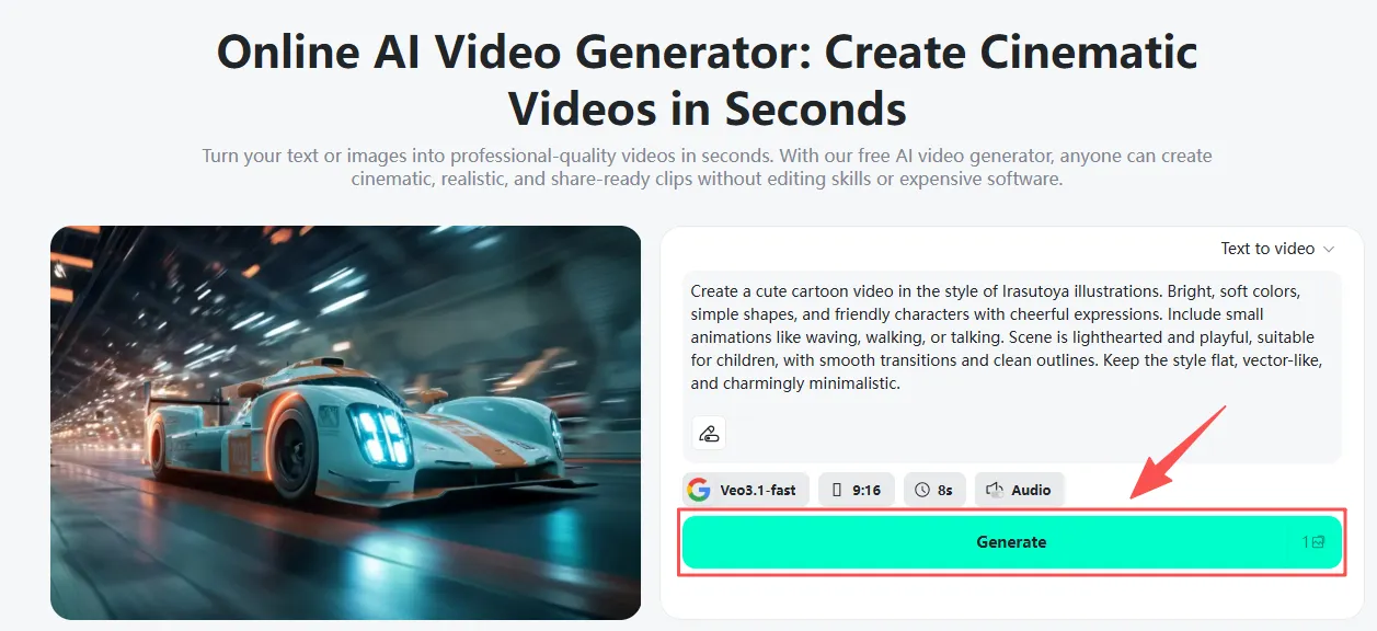 Click the "Generate" button to create your video using Google Veo 3.1.