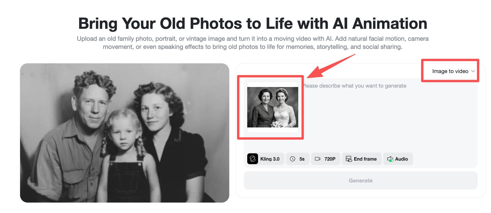 Upload Old Photo for Animation Upload a portrait or old photo to start AI talking photo animation