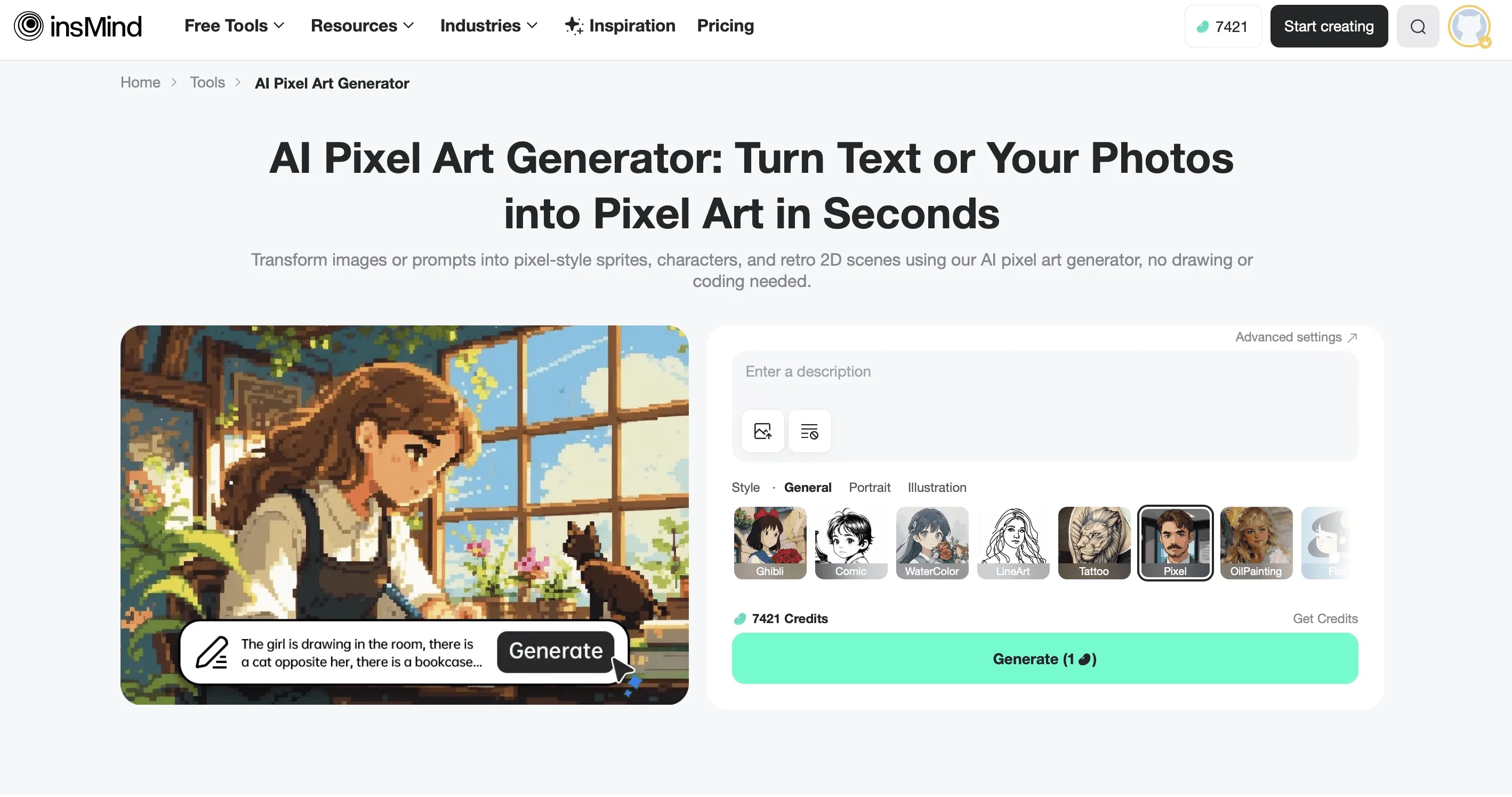 Instantly create high-quality pixel art from photos or text prompts online.
