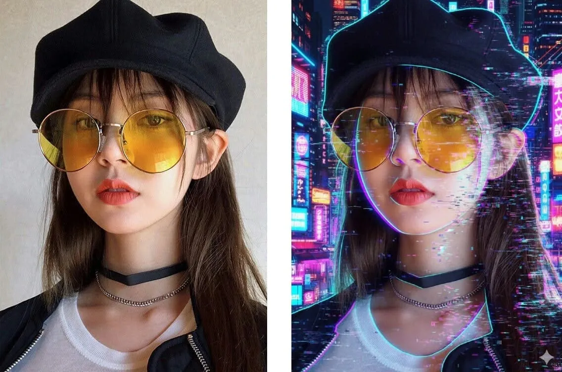 An image of neon glitch effect created by nano banana AI prompt