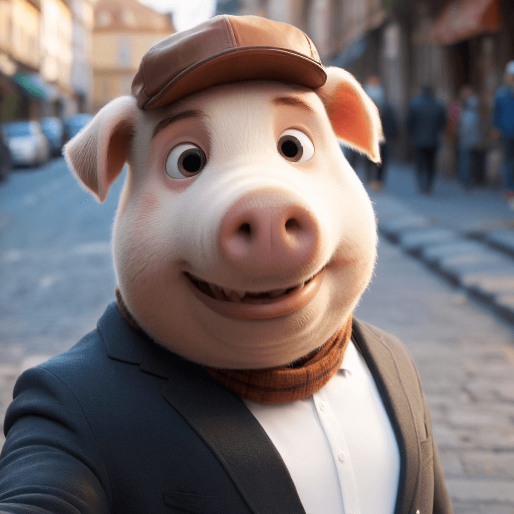 Half-man, half-pig meme character who humorously appears in random, casual moments.