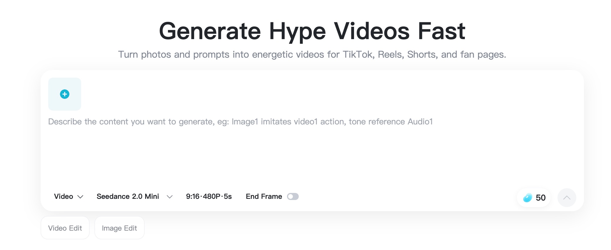 Open Hype Video Maker insMind Hype Video Maker showing upload and prompt controls.