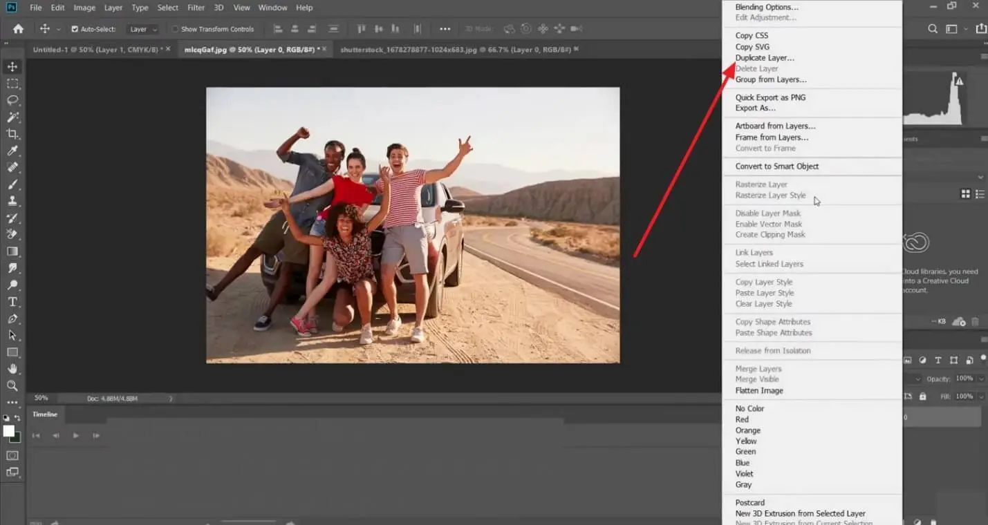 get duplicate layer option in photoshop to merge photos