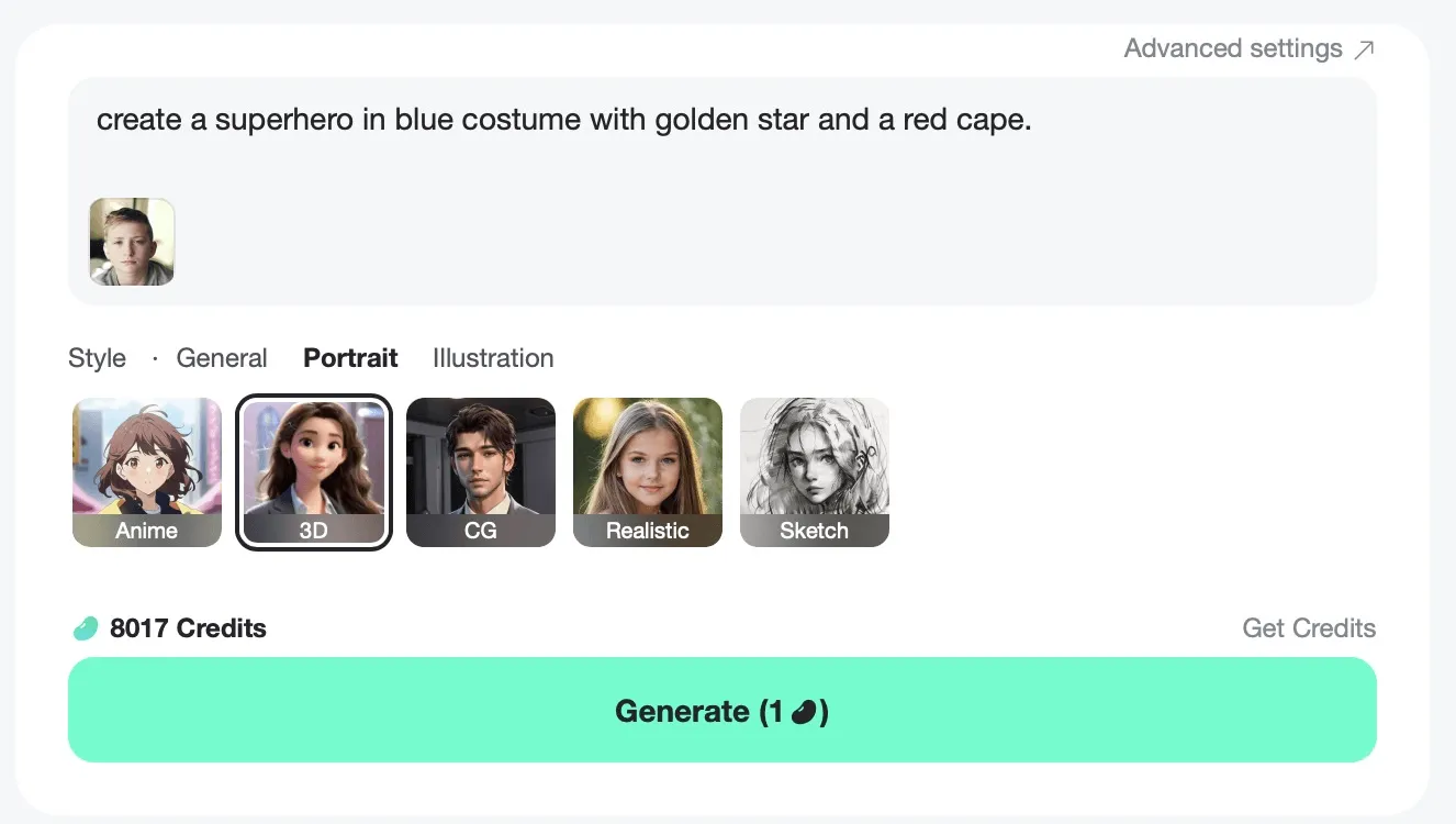 Pick a superhero style and let AI generate your character.