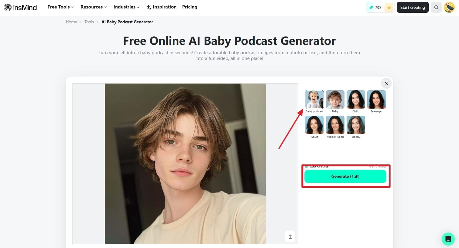 Choose AI Baby Podcast Filter and Generate Results