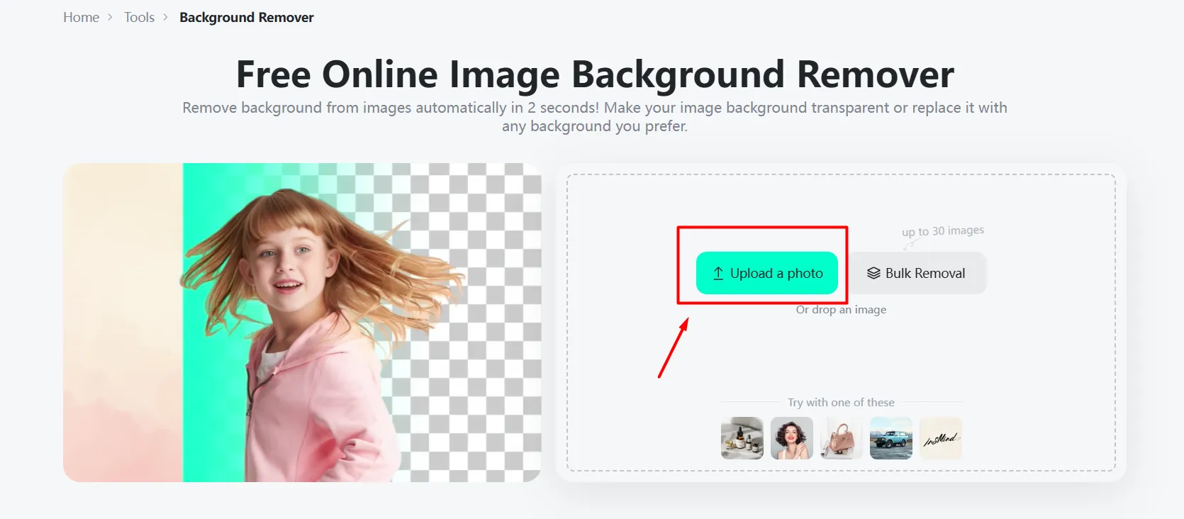 Screenshot demonstrating the process of uploading a photo to the Background Remover Tool in insMind