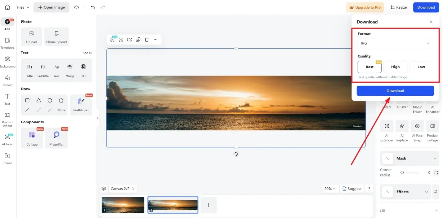 An image showing the download option for a resized photo on insMind