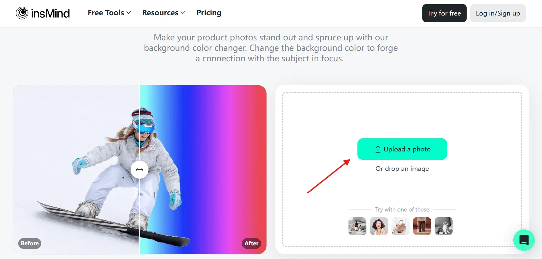 screenshot demonstrating the process of uploading your photo to Background Color Changer in insMind