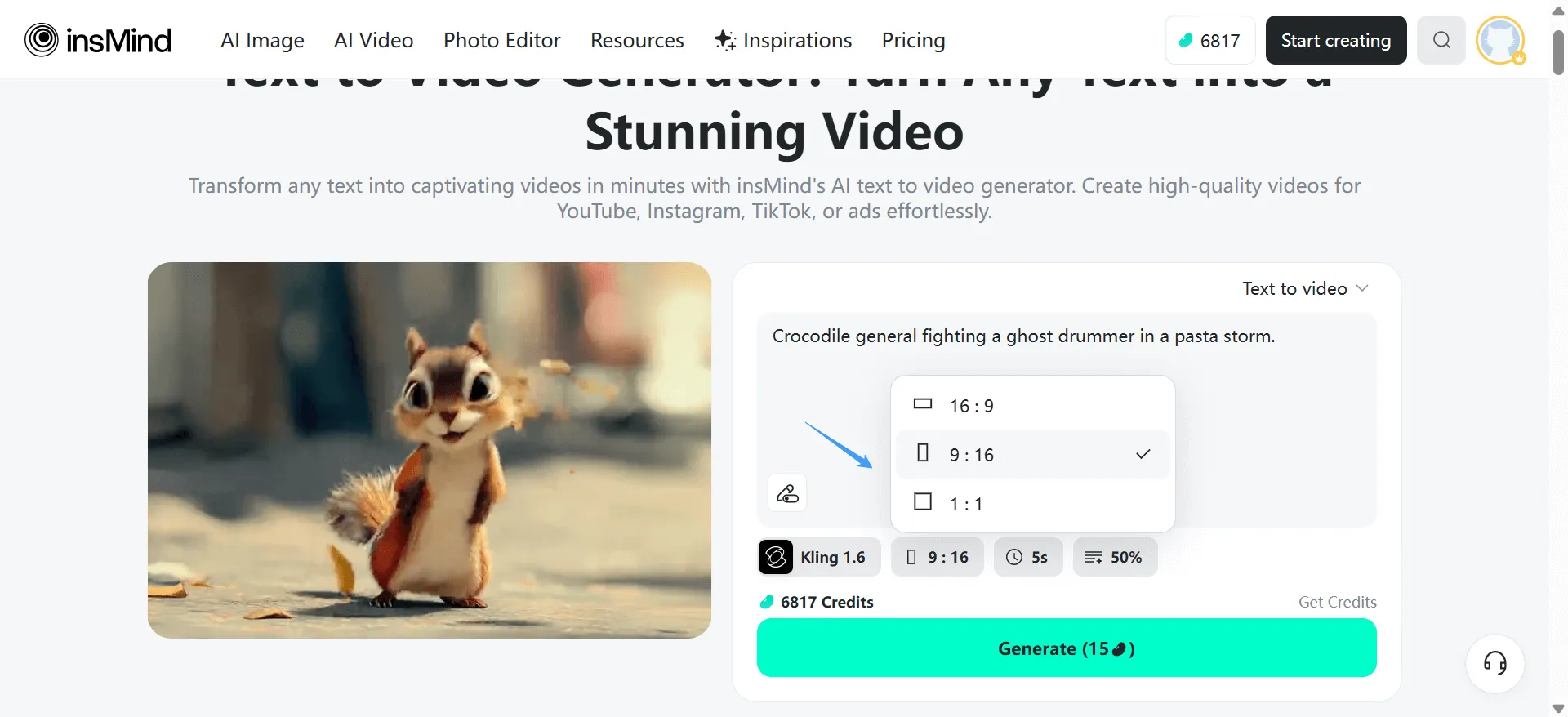 Select aspect ratio, video length, and prompt adherence for best AI results.