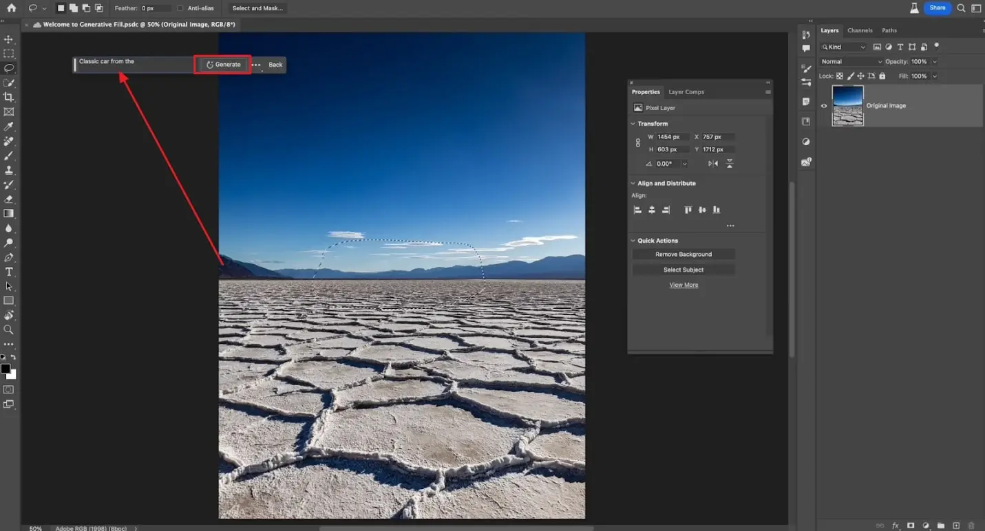 Step 2 of using Photoshop to create ai-generated filled images - Photoshop Ai Generative Fill