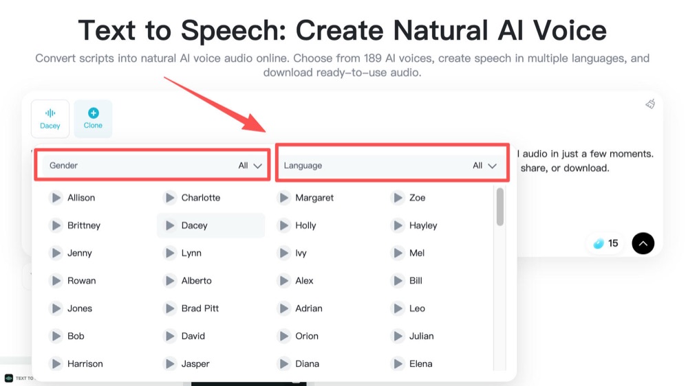 Pick Voice Voice and language selection menu