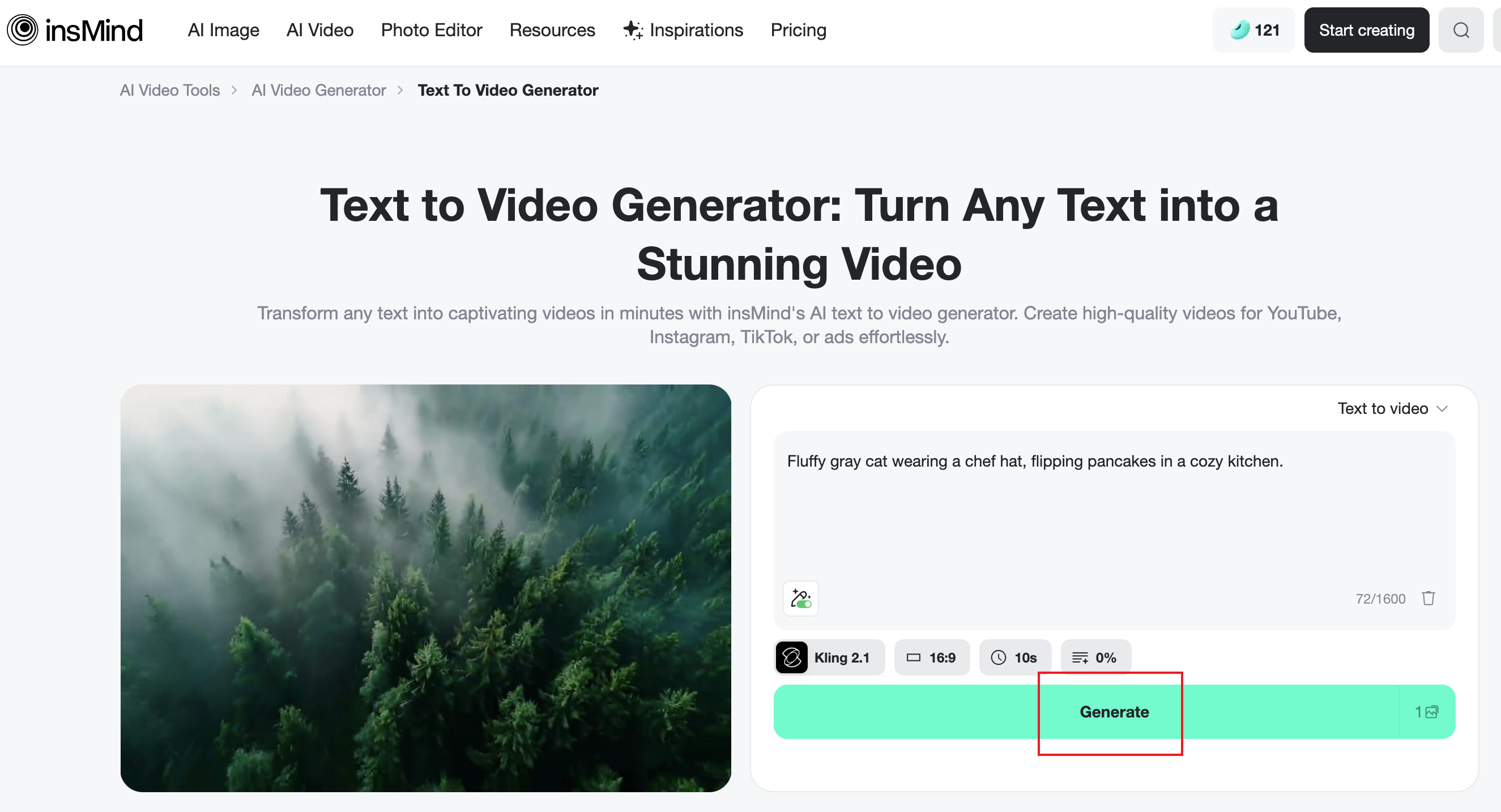 Highlighting the "Generate" button ready to create the animation Screenshot of the AI Text-to-Video interface with a fluffy gray cat chef prompt entered, highlighting the "Generate" button ready to create the animation.