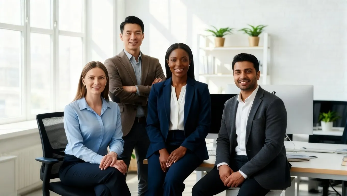 Create a clean, professional company group portrait using the AI group photo generator for business visuals.