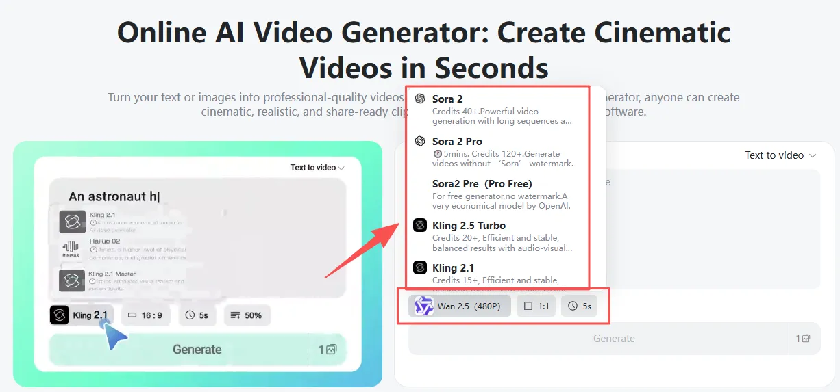 Choose Model Interface Select your preferred model for video creation
