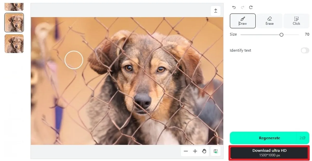 Shows the completed clean photo ready for download after AI removes fence distractions.