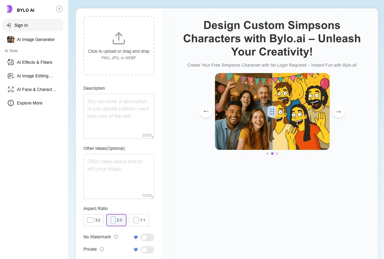 Create Simpsons characters from text or images online without login requirements.