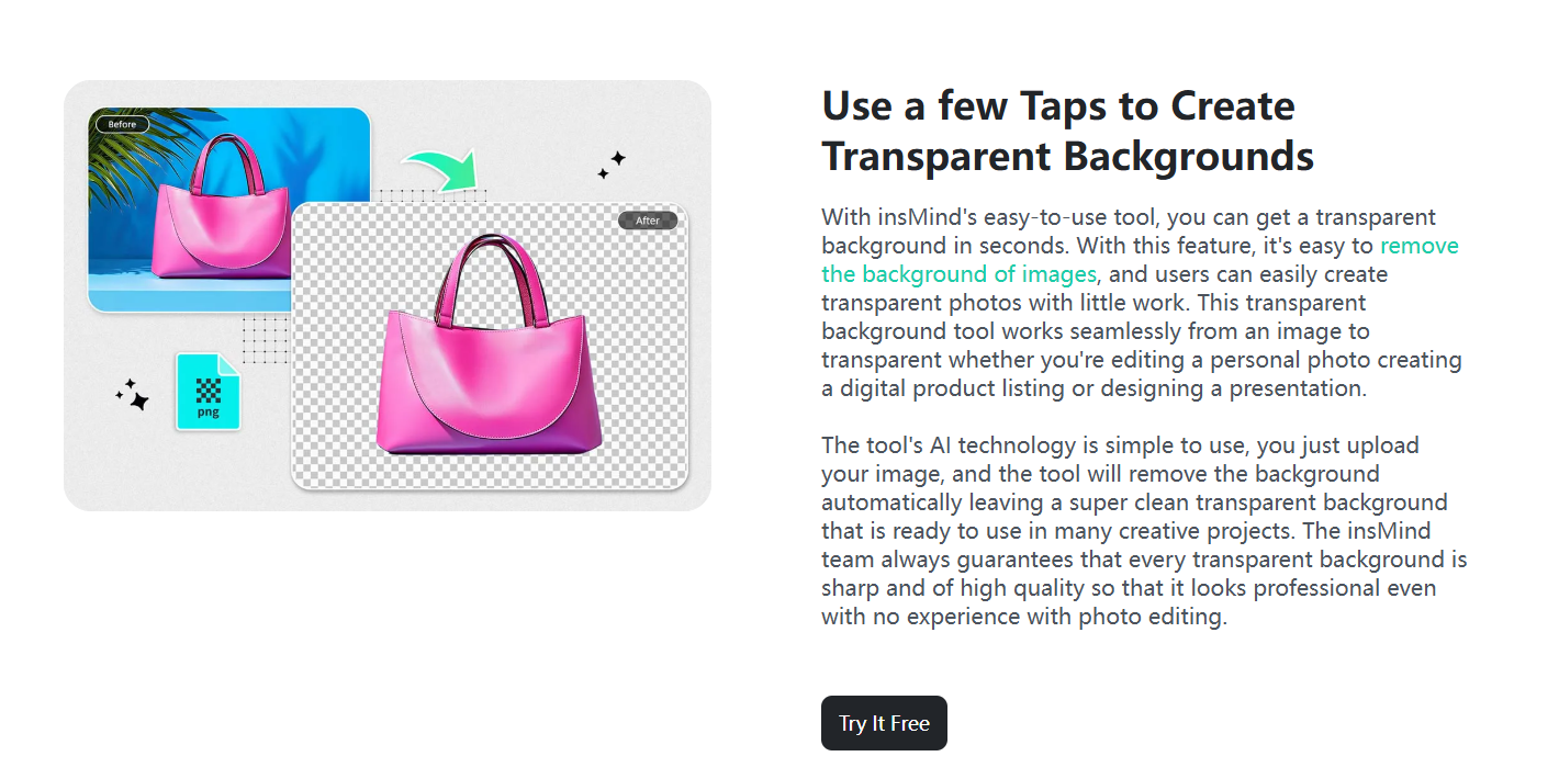 Screenshot showing how to access the Transparent Background Tool in the insMind interface