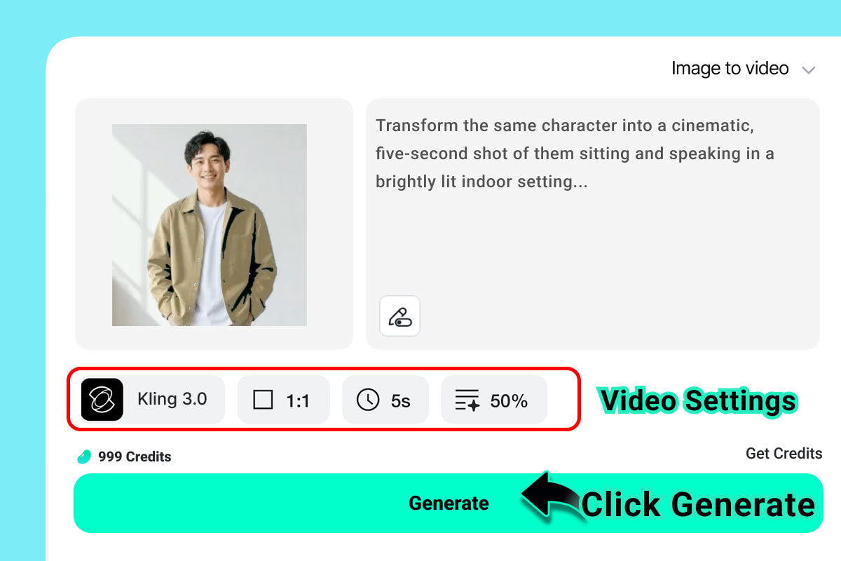 Generate Video Settings Video settings and generate button for character video creation.