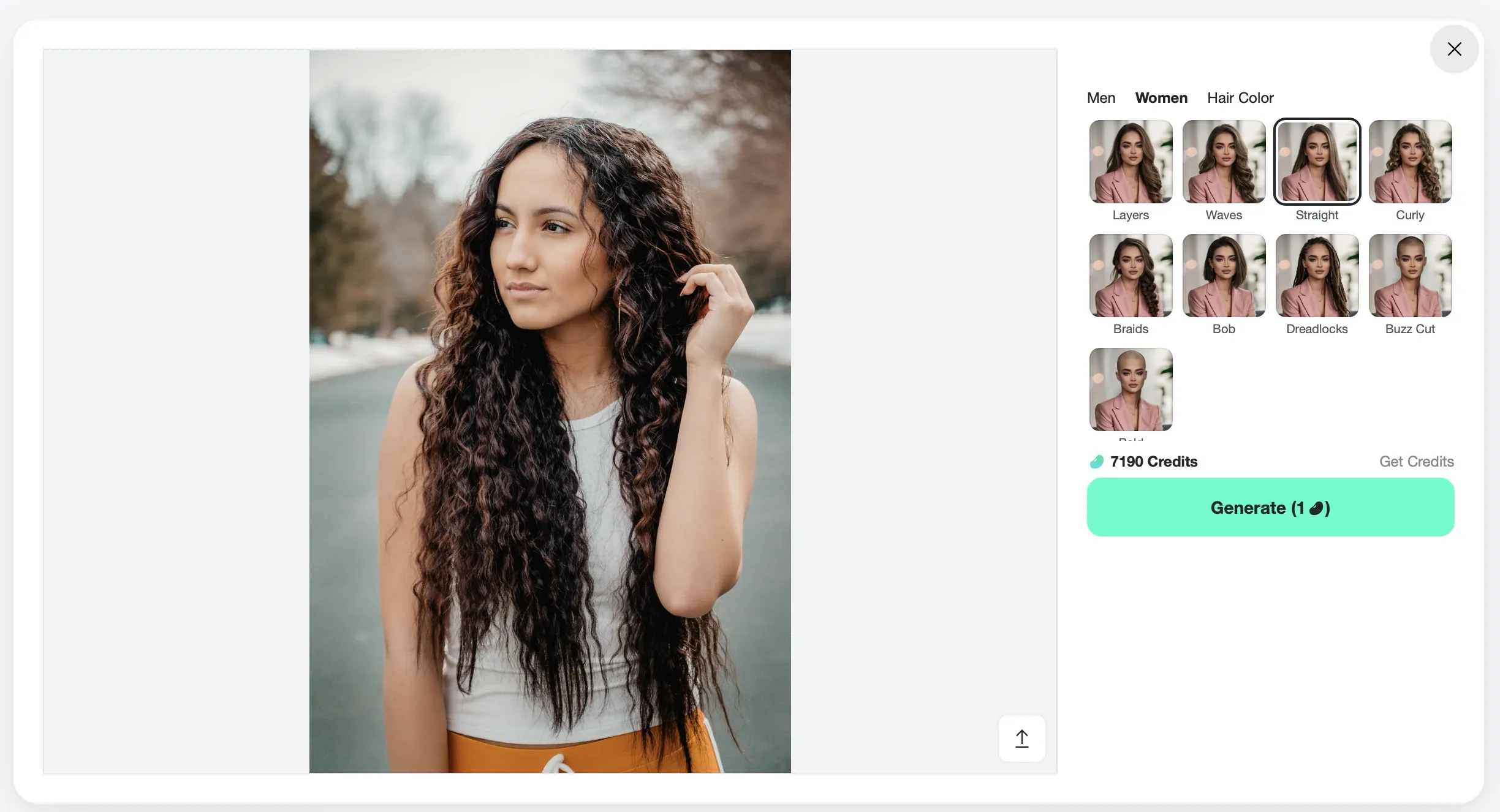 Select between curly, straight, or bangs and generate instant previews.