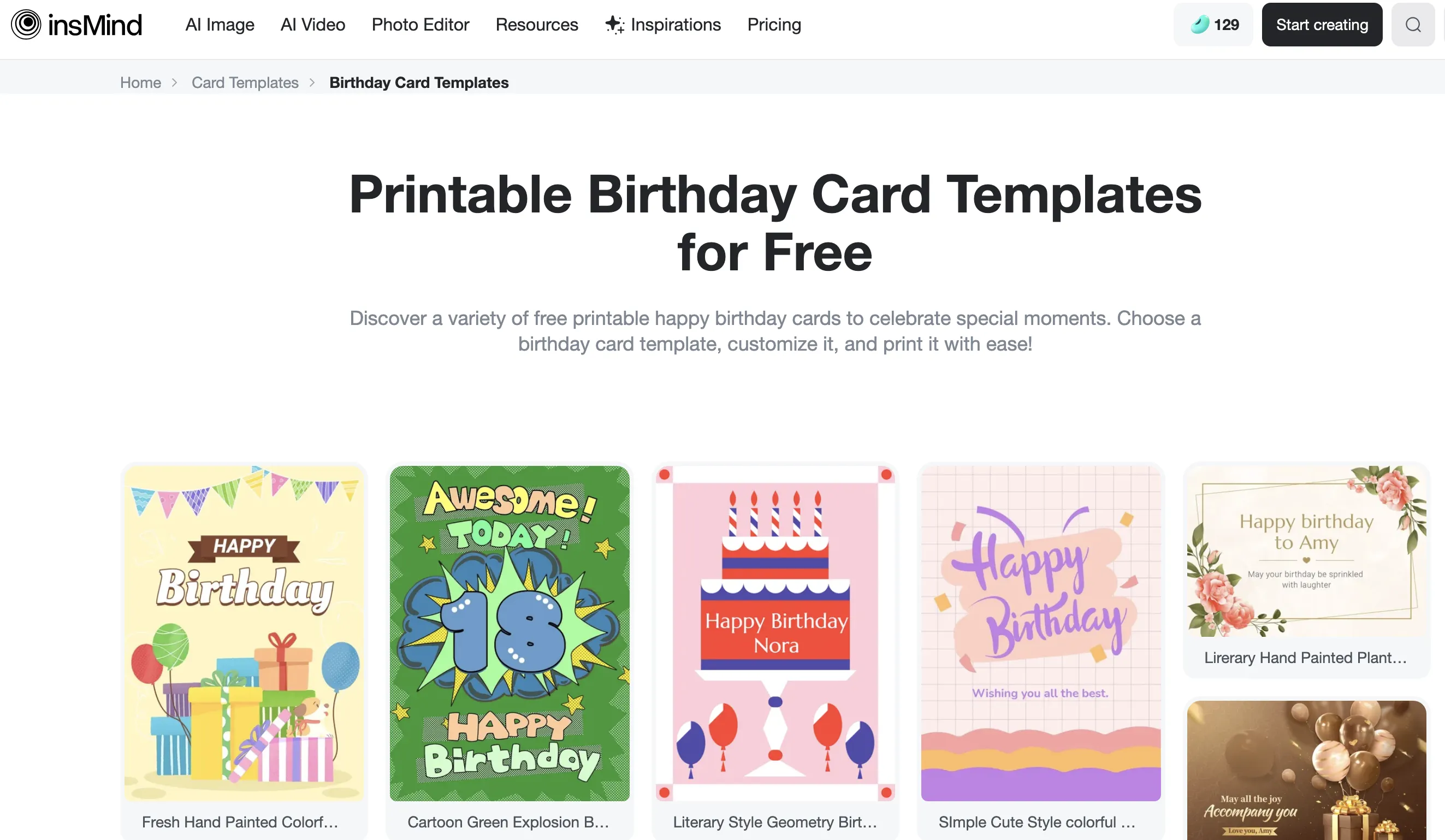 Birthday Card Template Gallery insMind interface showing a gallery of birthday card templates and design styles to choose from.