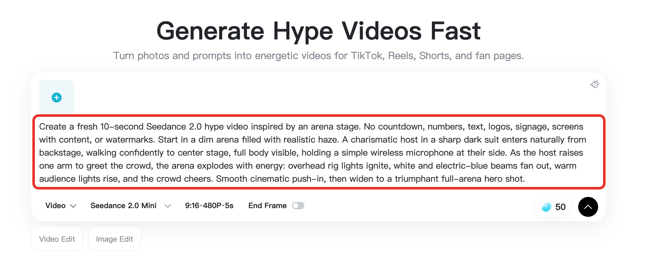 Enter Hype Video Prompt Detailed arena hype prompt highlighted in the insMind generator.