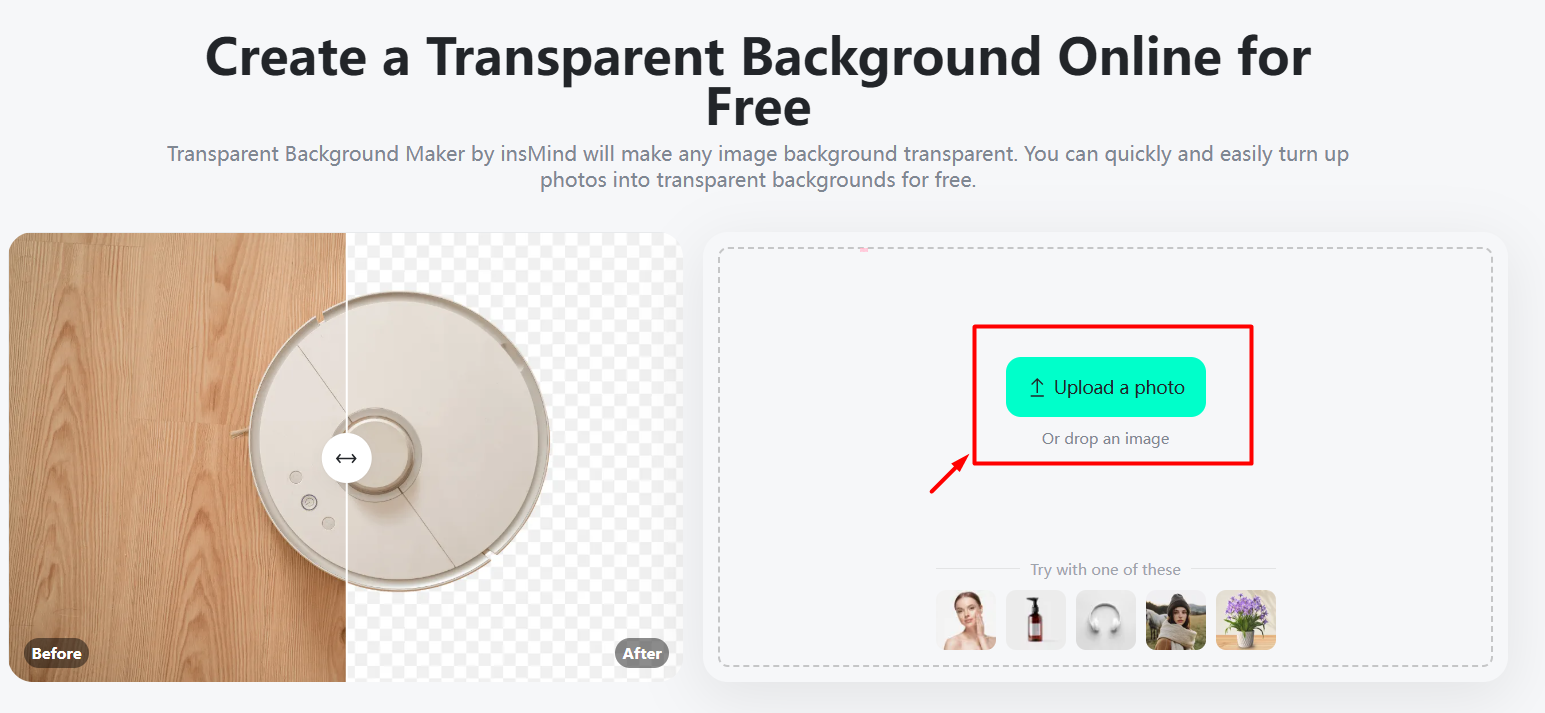 Screenshot demonstrating the process of uploading a photo to theTransparent Background Tool in insMind