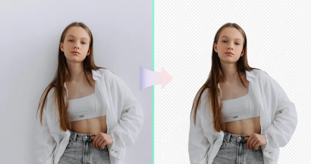 Demonstration image showing a photo before and after removing the background using the insMind tool