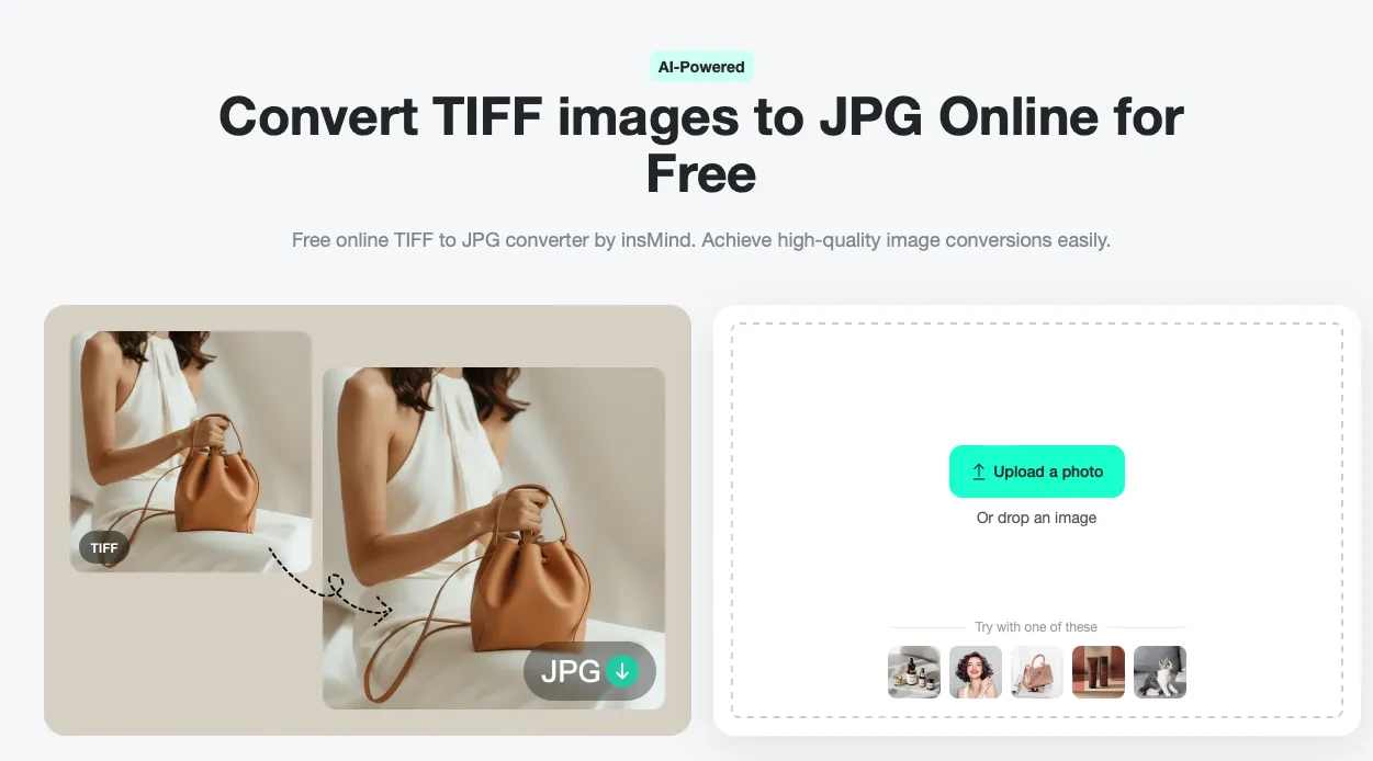 Screenshot showing how to access the TIFF to JPG Tool in the insMind interface